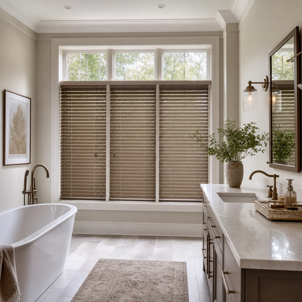 Bright bathroom with freestanding tub, double vanity, large window with honeycomb shades, and mirror on the right.