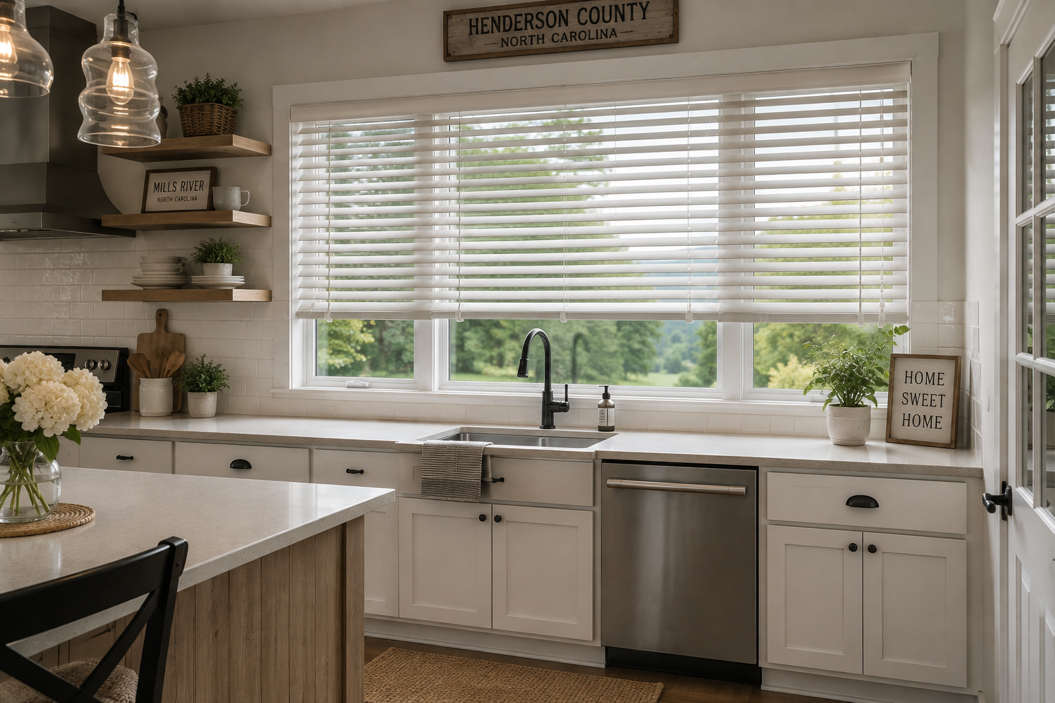 custom faux wood blinds in kitchen, Mills River NC, AVL Window Blinds