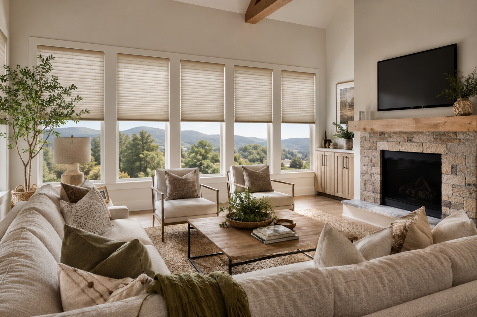 Bright living room with beige sofas, large windows, and a stone fireplace beneath a wall-mounted TV