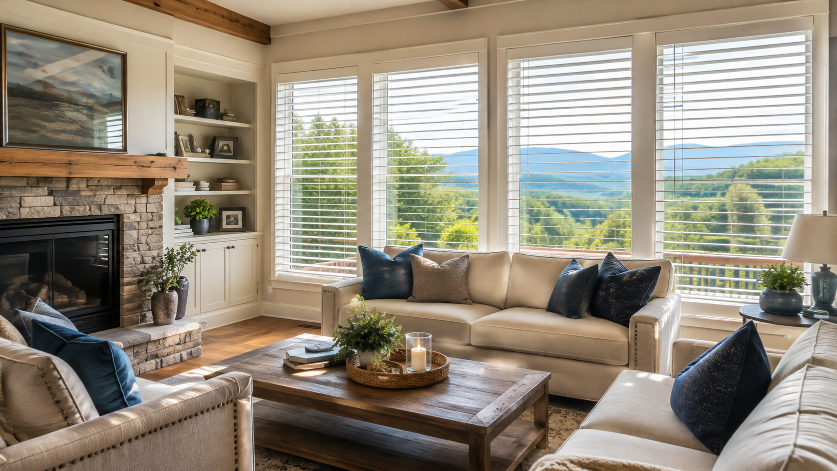 custom faux wood blinds in living room, Mills River NC, AVL Window Blinds