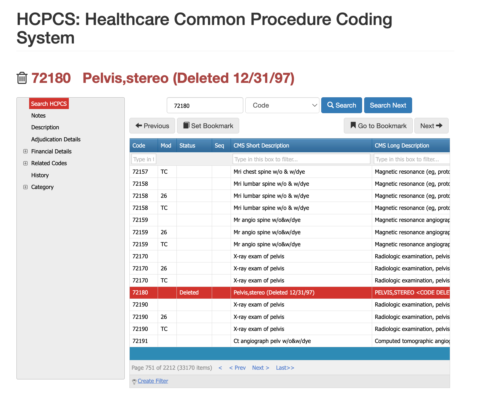 What is cpt code 72180 (deleted and replaced in 1997)