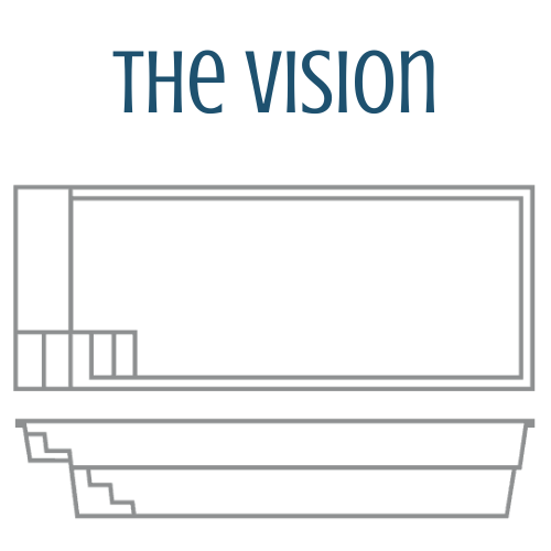 Diagram of a rectangular swimming pool with built-in stairs, labeled