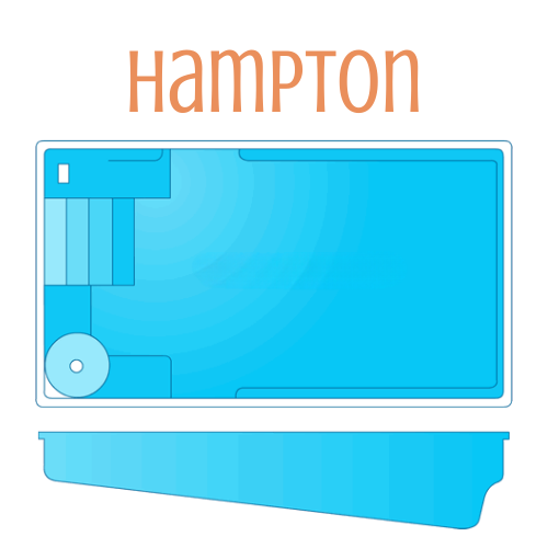 Diagram of a rectangular Hampton pool with steps and a shallow end, in blue.