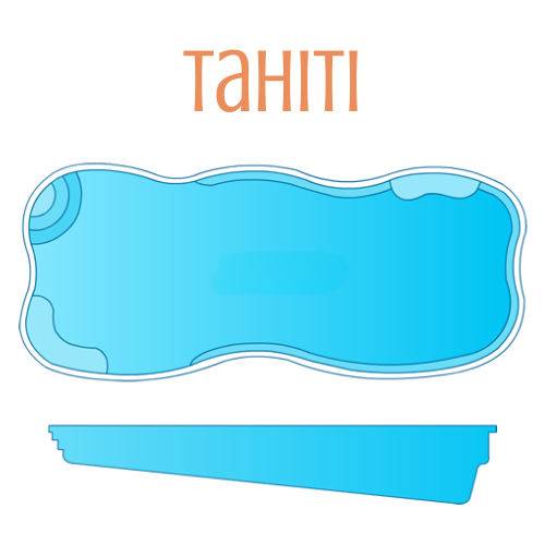 Diagram of a blue Tahiti pool design with an organic shape, featuring a shallow end and steps.