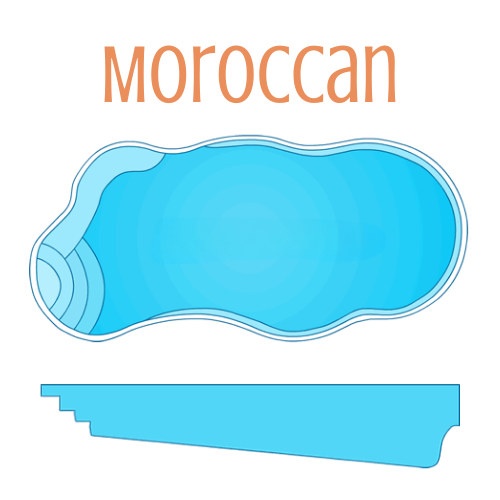 Moroccan-style swimming pool design with freeform shape, steps, and angled deep end, rendered in blue.