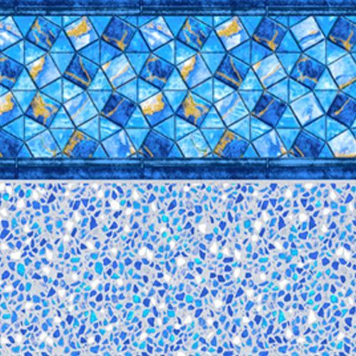 Pool liner with mosaic border and speckled blue bottom.