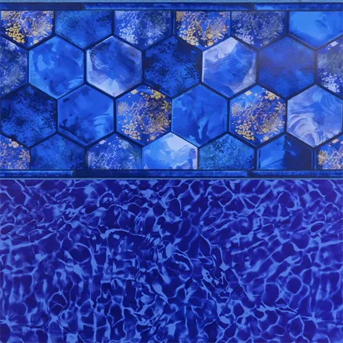 Blue hexagonal and water-patterned tiles.