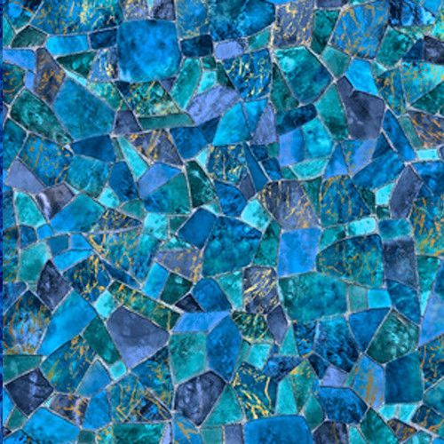 Mosaic of various blue, turquoise, and navy irregularly-shaped tiles with gold veining.