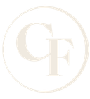 Pale gold CF monogram inside a thin circular border on a white background