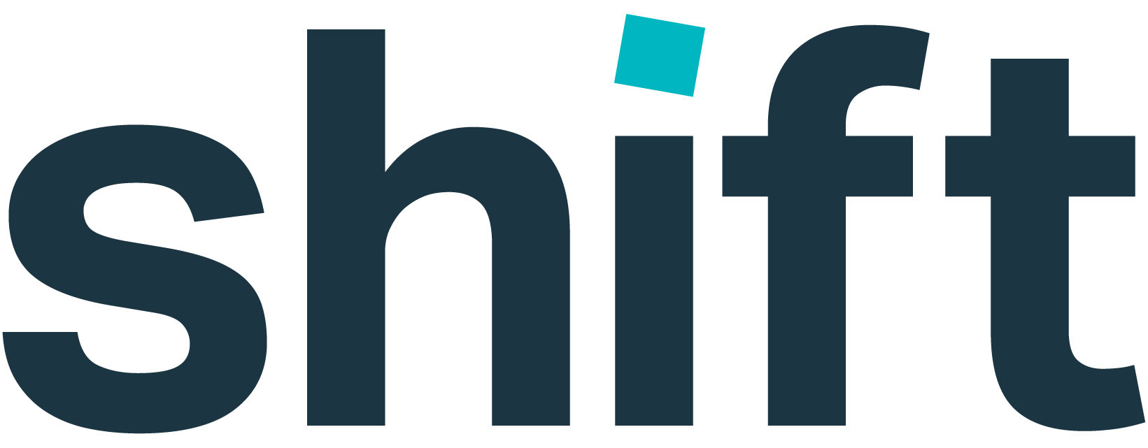 Shift logo in dark navy lowercase letters with a turquoise square above the “i” on a white background