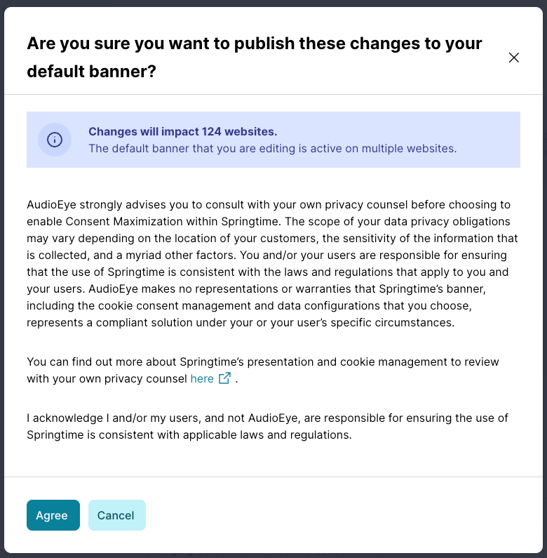 Consent Maximization confirmation modal dialog.