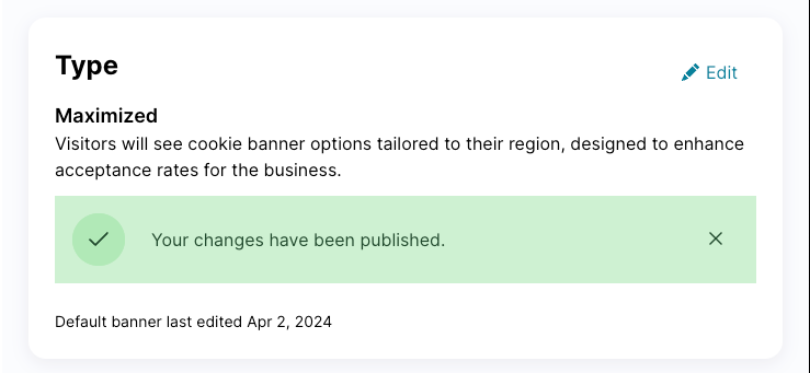 Type modal dialog showing that the changes have been saved.