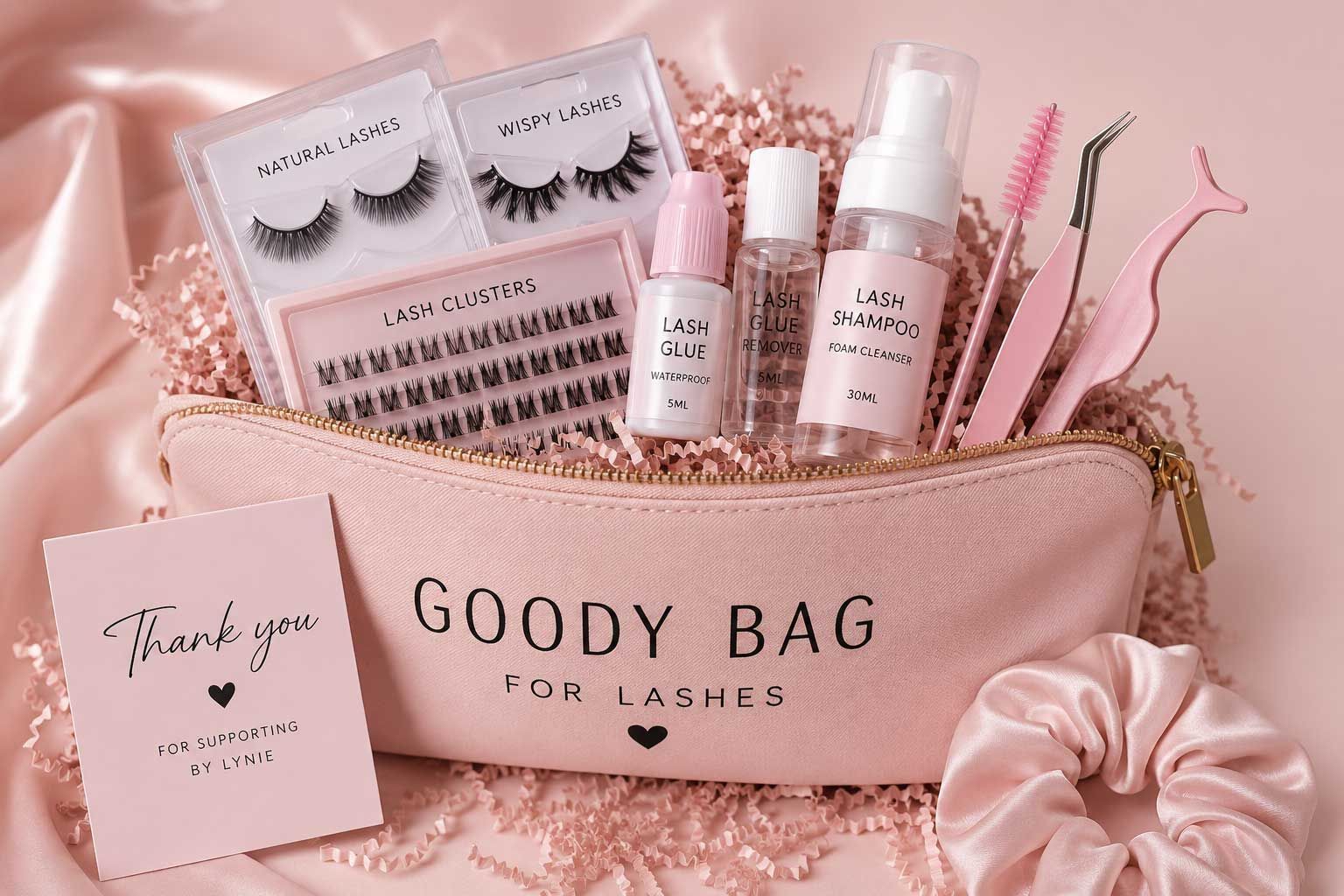 Cadeauset met roze wimpers, inclusief wimperbakjes, mascara, roze tools en een