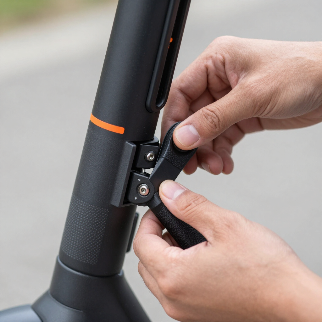 Handen verstellen een zwarte stuurklem van een scooter met een oranje accentband.