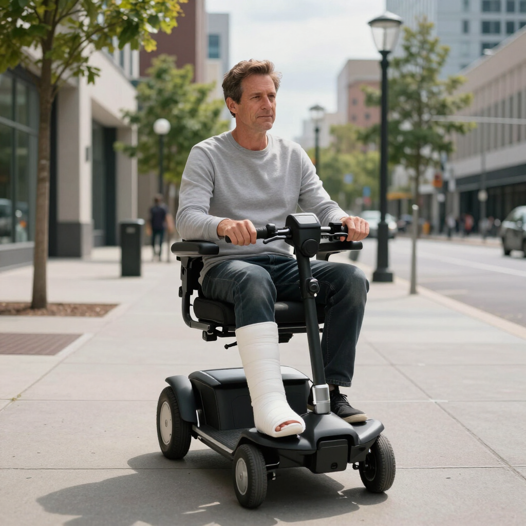 Man in een grijs shirt rijdt met een scootmobiel over een stoep in de stad, terwijl hij een been in het gips heeft.