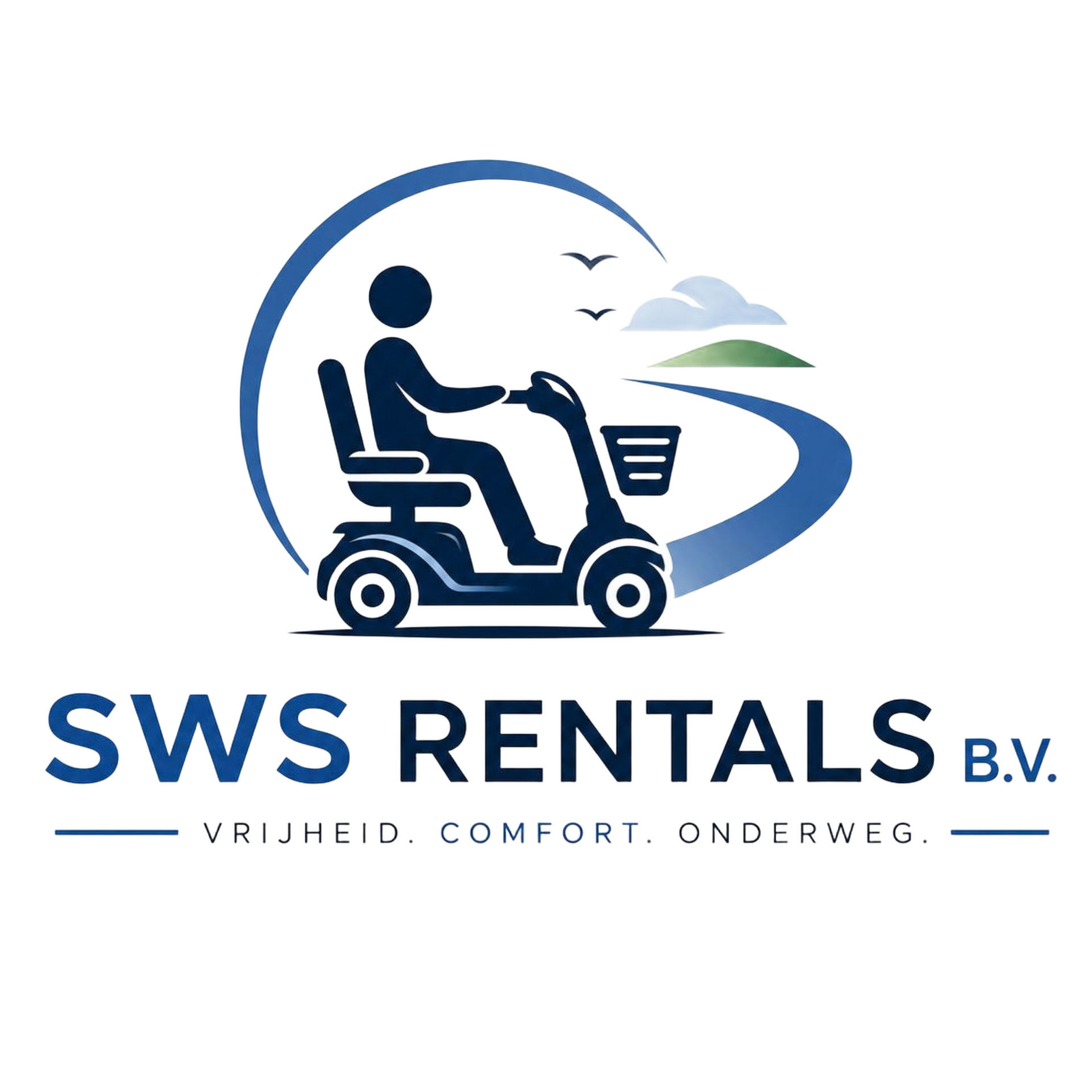 Het logo van SWS Rentals BV met een blauwe scootmobiel, een wegstreep, wolken en de slogan