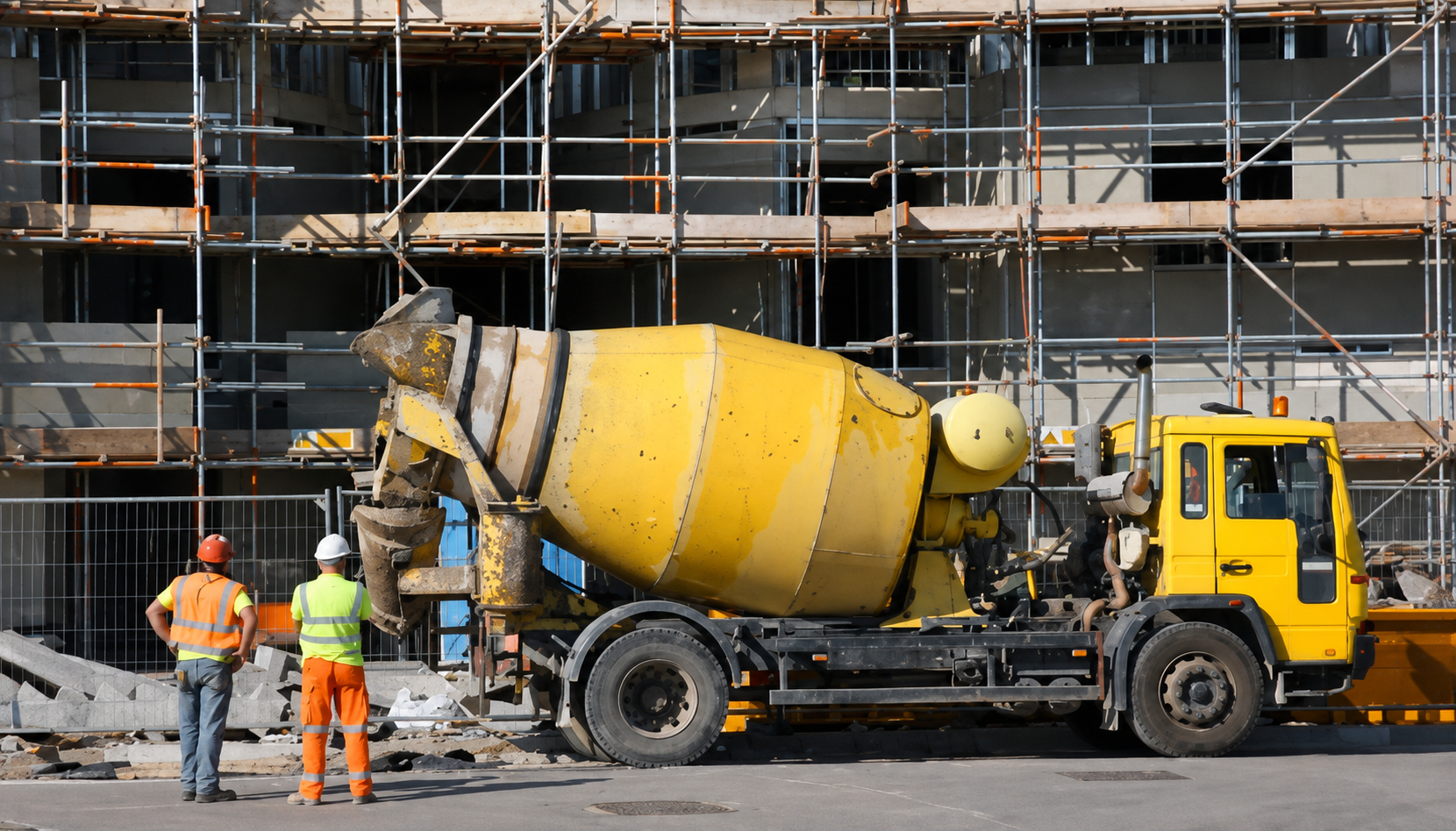 Equipment Rental in Addis Ababa features a concrete mixer truck at an active building project.