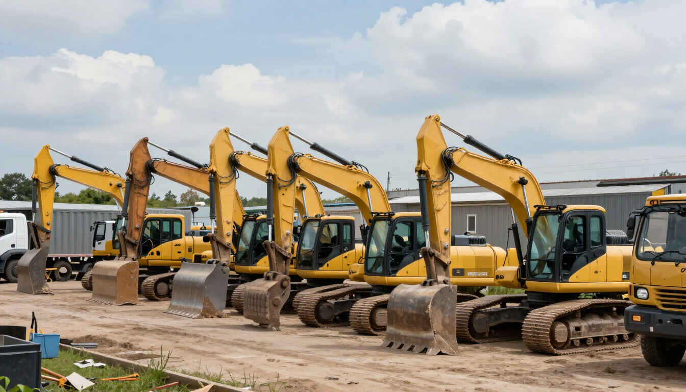 Equipment Rental in Addis Ababa features several excavators ready for digging and construction work.