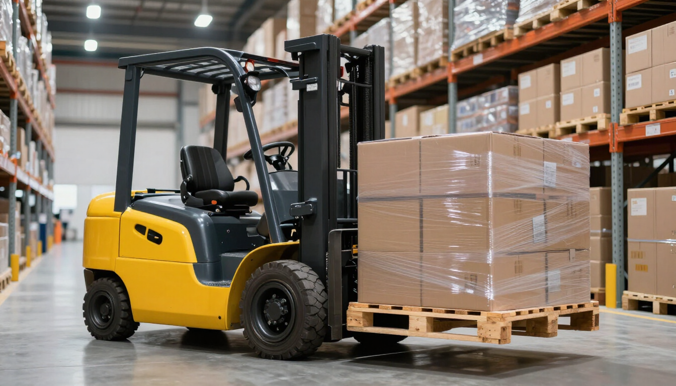 Yellow forklift carrying wrapped pallet in warehouse aisle
