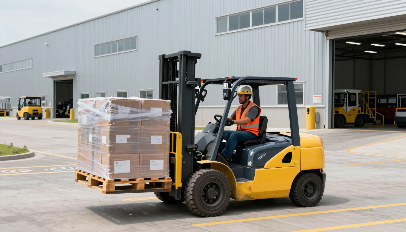 Forklift operator transporting cardboard boxes outside site