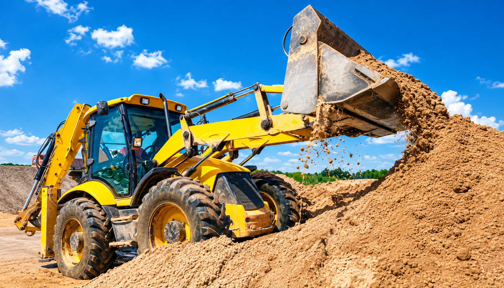 Equipment Rental in Addis Ababa features a yellow backhoe loader moving soil at a construction site.