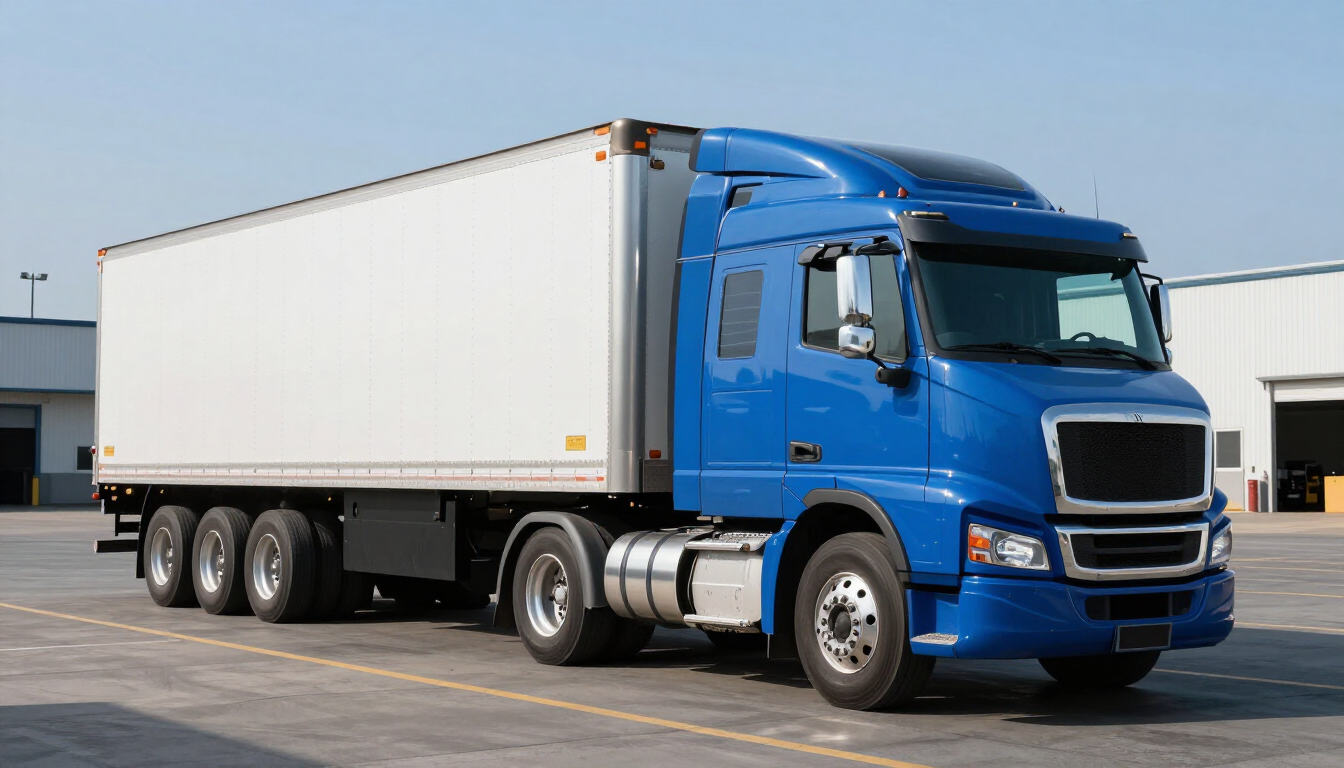 Blue semi-truck trailer available for equipment rental service