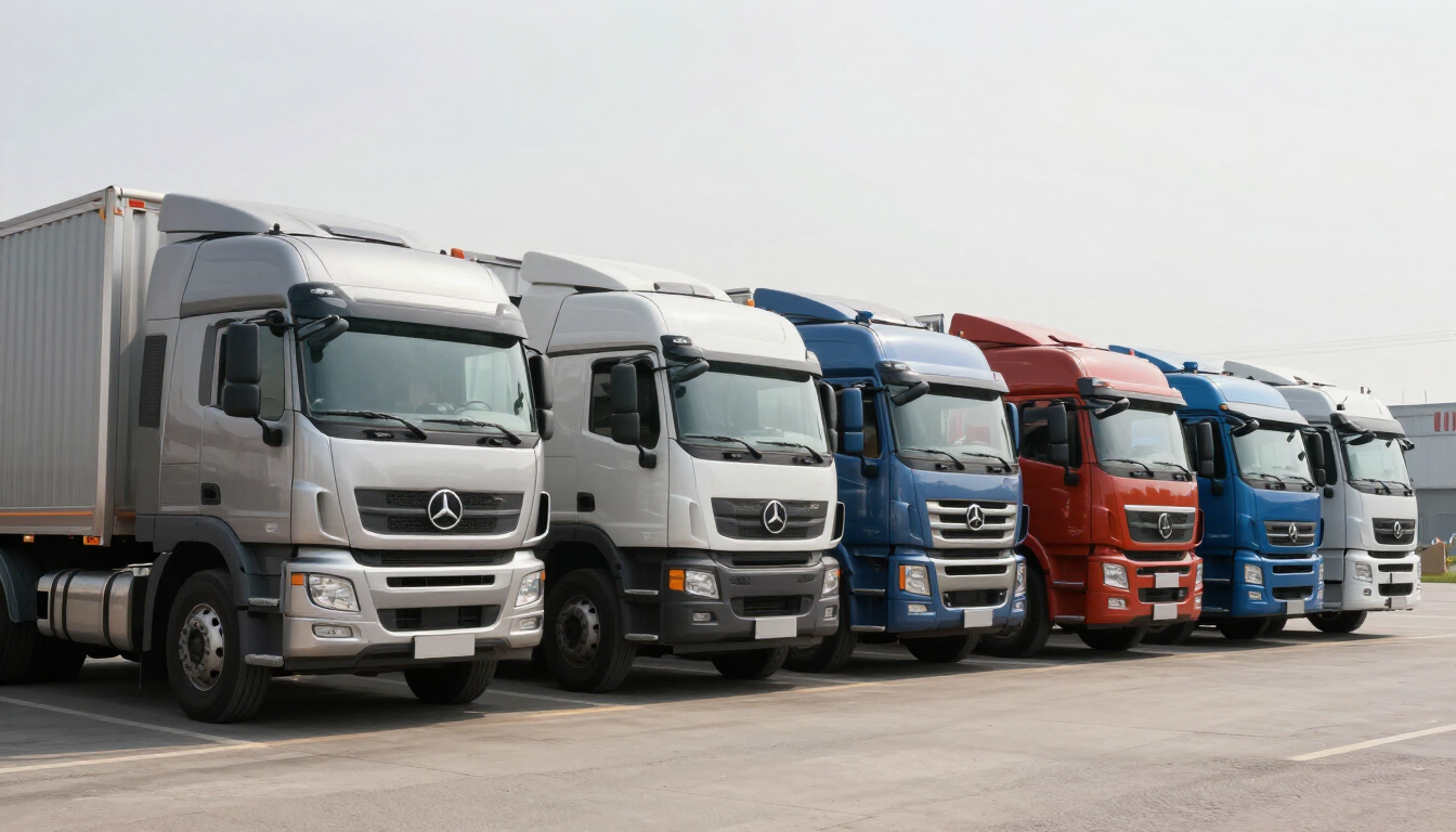 Line of colorful commercial transport trucks parked in row