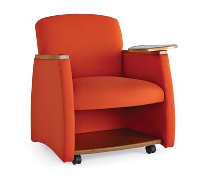 An orange chair with a wooden shelf underneath it