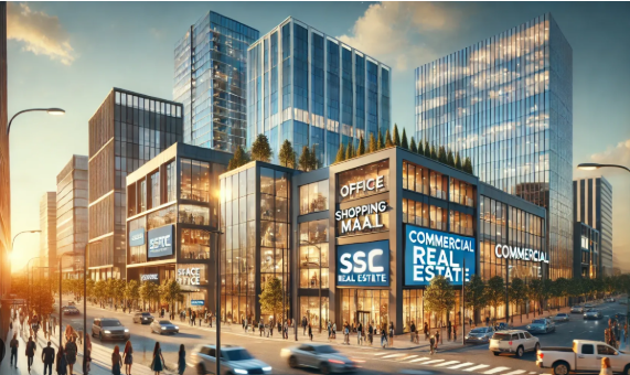Modern city office and retail towers at dusk with glass facades and street-level commercial signs