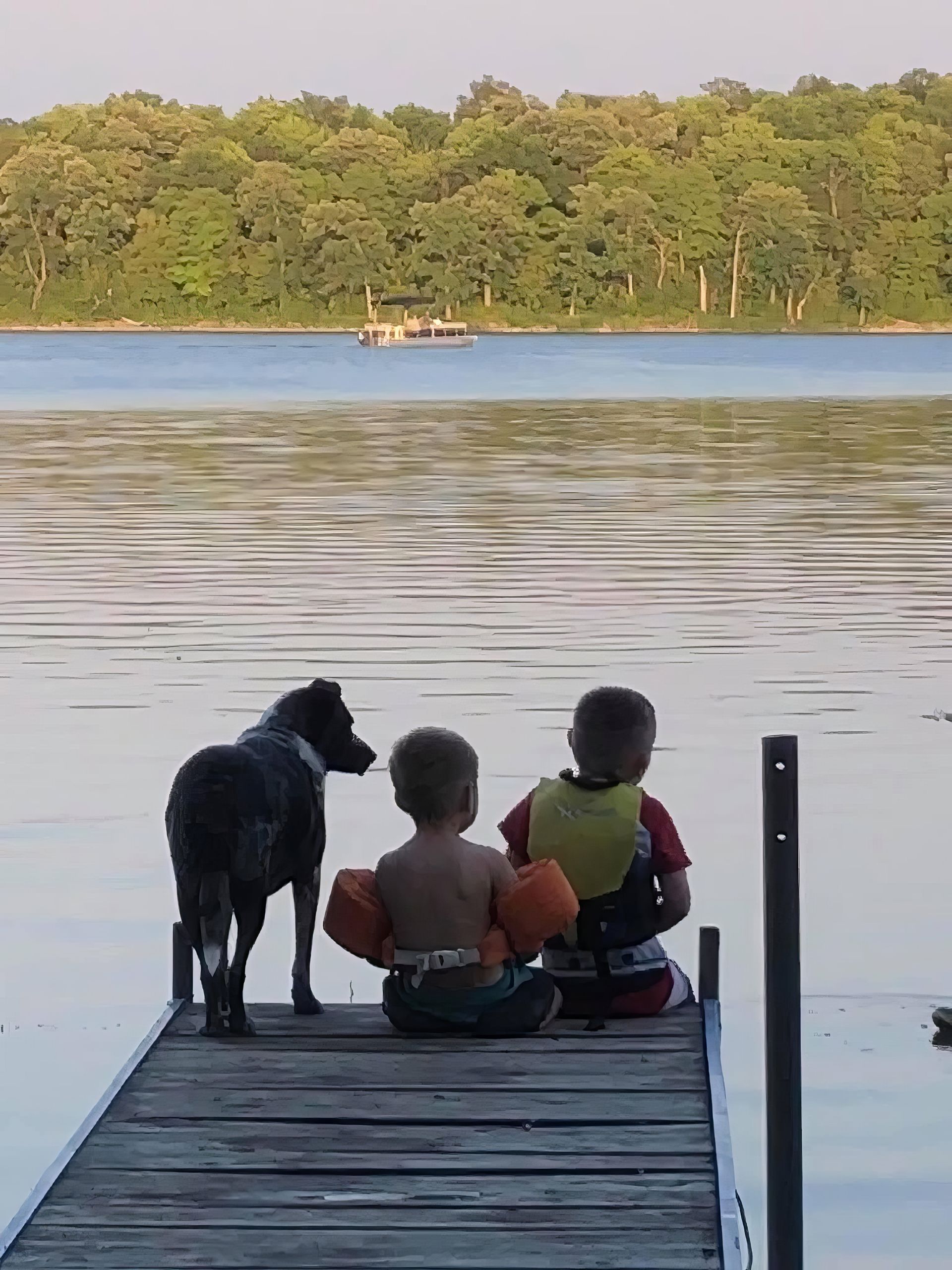 Two boys and a dog are sitting on a dock overlooking a lake