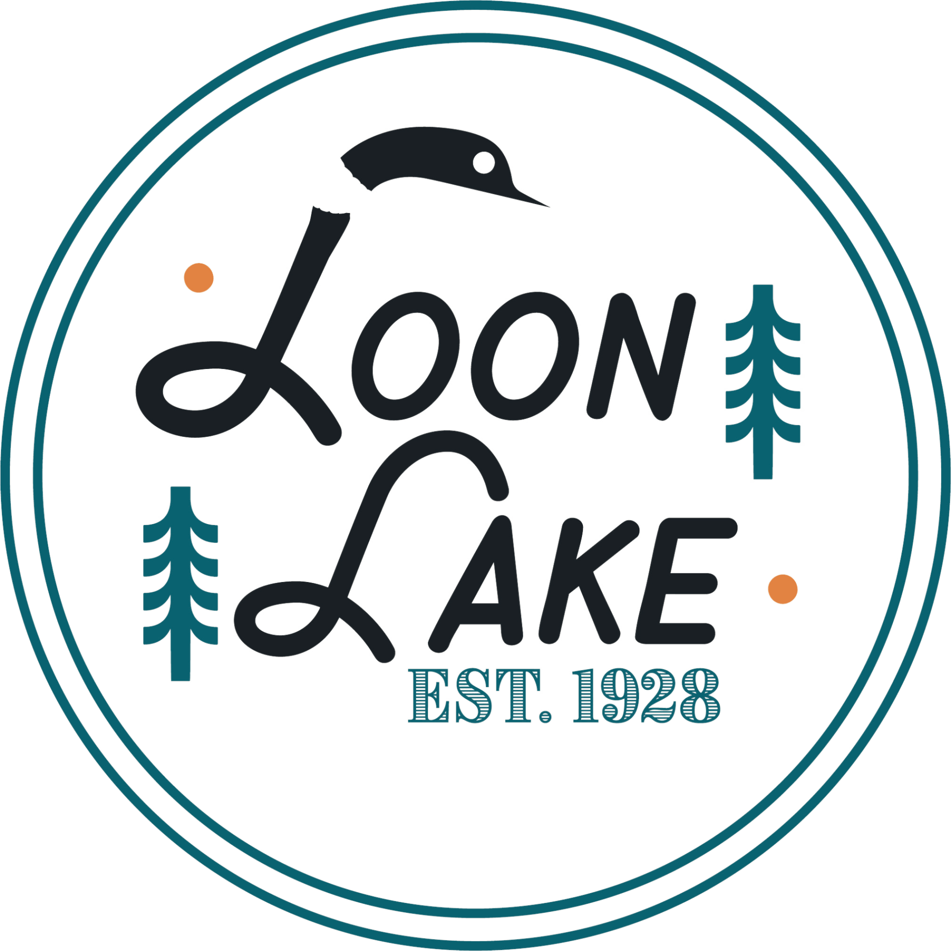 The Loon Lake Resort logo for Loon Lake is a circle with trees and a bird on it.