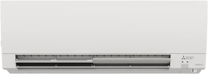 Wall-mounted white air conditioner unit with a long front vent and small control panel on the right