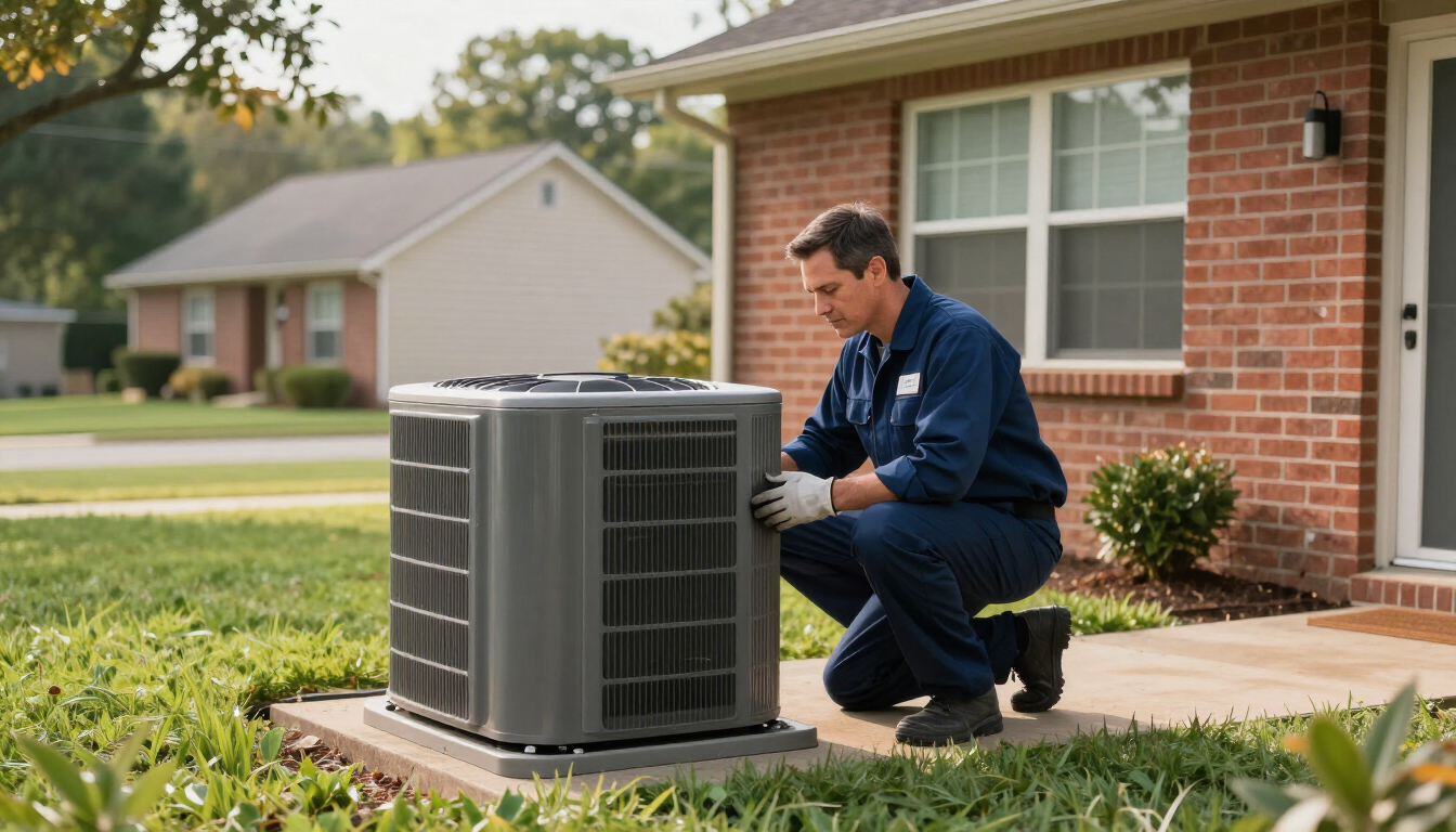 Technician kneeling beside a home air conditioner unit in a suburban yard