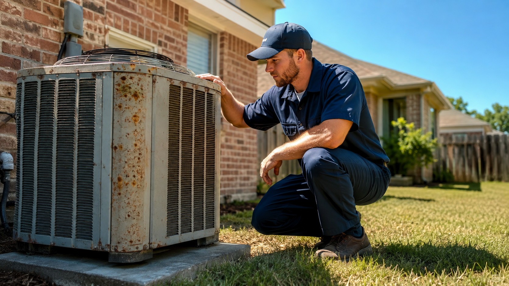 Technician kneels beside a weathered outdoor AC unit, inspecting it in a suburban yard.