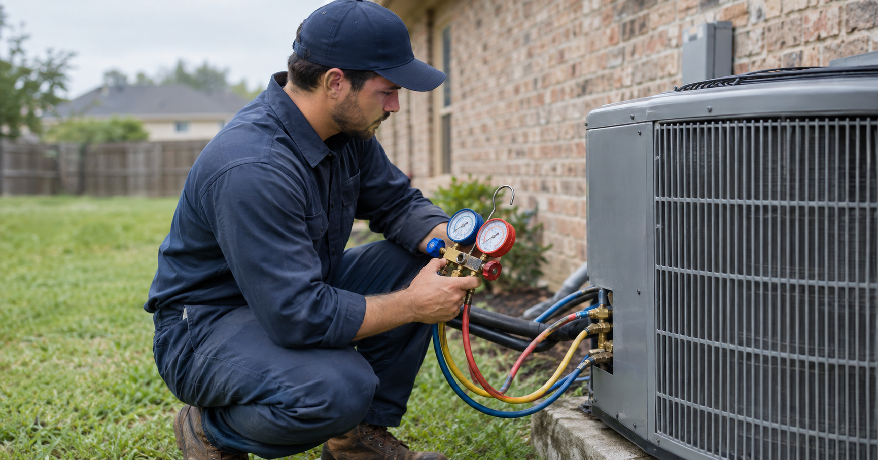 Technician kneeling beside outdoor air conditioner, checking gauges and hoses on the unit.