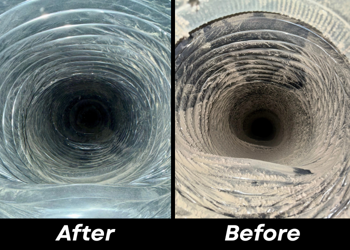 Flexible duct work before being cleaned and after cleaning