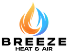 Breeze Heat & Air logo with orange and blue flame icon above black text