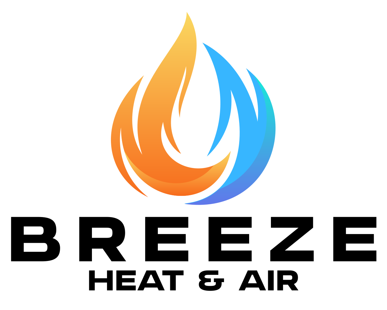 Breeze Heat & Air logo with orange and blue flame icon above black text