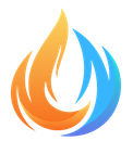 Abstract flame logo in orange, yellow, blue, and purple on a white background