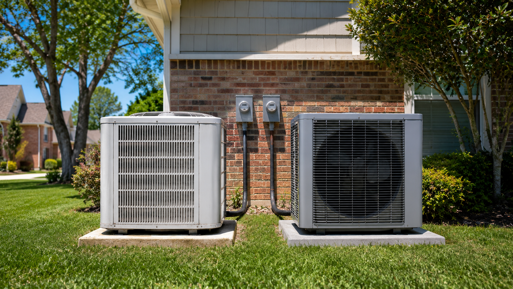 Two outdoor HVAC units beside a brick house on a grassy lawn.