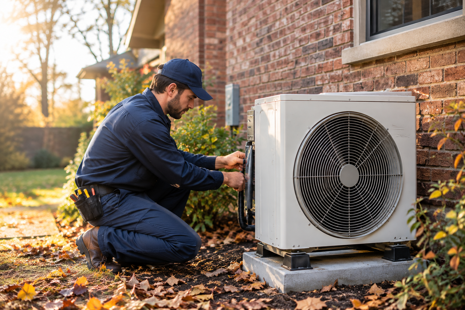 HVAC technician inspecting a heat pump outdoor unit beside a residential home in Northwest Arkansas