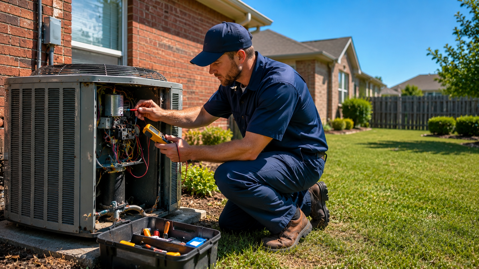Technician kneeling beside a home AC unit, inspecting wiring with tools on a sunny lawn.