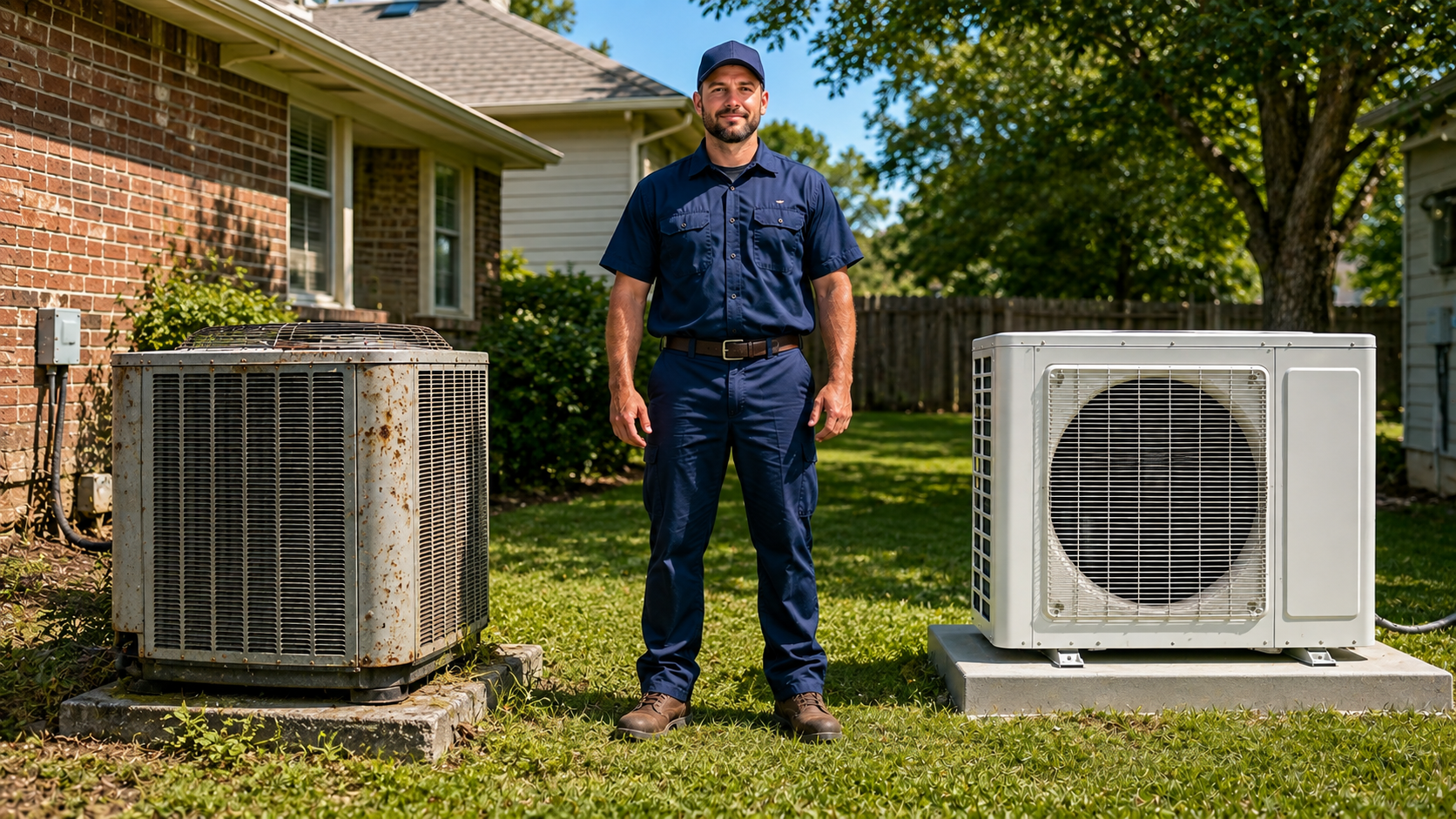 Technician standing between two outdoor AC units in a suburban yard, one rusted and one new.