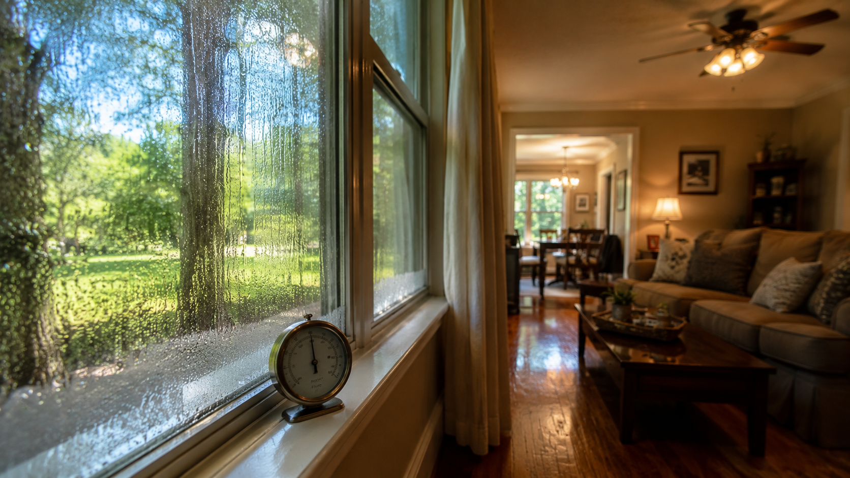 Sunlit living room with large window overlooking a green yard, beige sofa, and warm lamplight inside