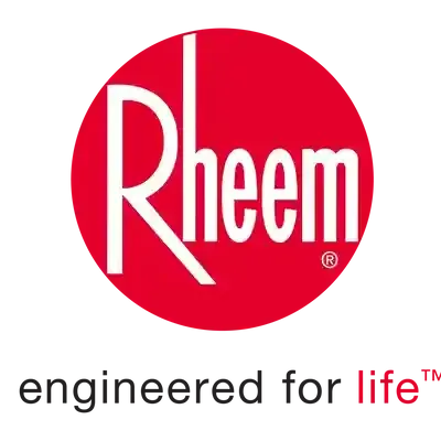 Rheem logo in a red circle with the tagline โengineered for lifeโ beneath it