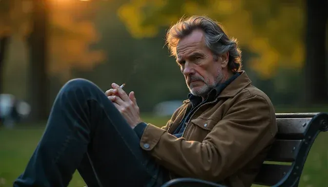 A man in his 40s sitting on a bench in Goodale Park looking disappointed with a lit cigarette, as if he just relapsed