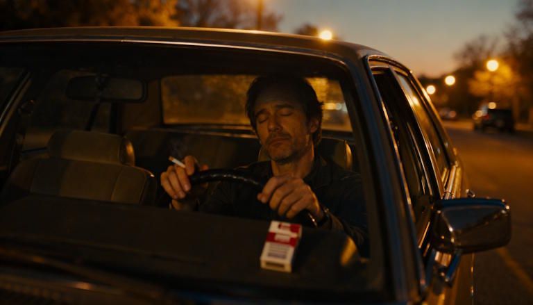 Adult in Columbus sitting in parked car after a stressful workday, exhausted, tempted to smoke, evening streetlights glowing