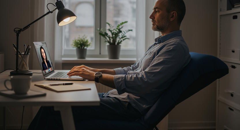 Adult professional in his quiet Columbus home office during private remote hypnotherapy session with quit smoking hypnotist on-screen