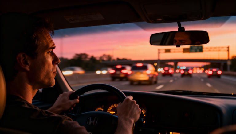 Busy I-270 with crazy traffic near Columbus at dusk, driver holding steering wheel, inhaling deeply 