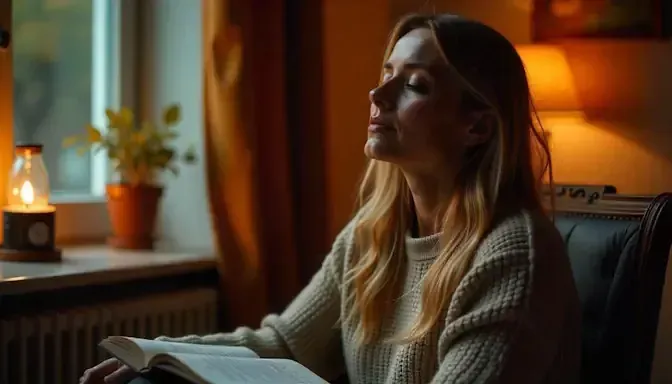 Caucasian woman eyes closed in self-hypnosis reinforcing her quit smoking hypnotherapy sessions seated in a dimly lit room in her German Village apartment